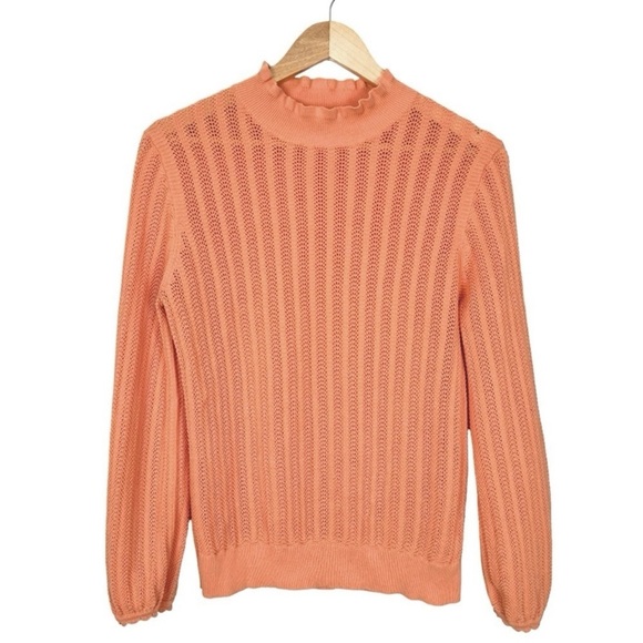 J Crew Womens Pointelle Sweater Medium Peach Ruffle Sheer Preppy Pastel Dainty - Picture 1 of 14